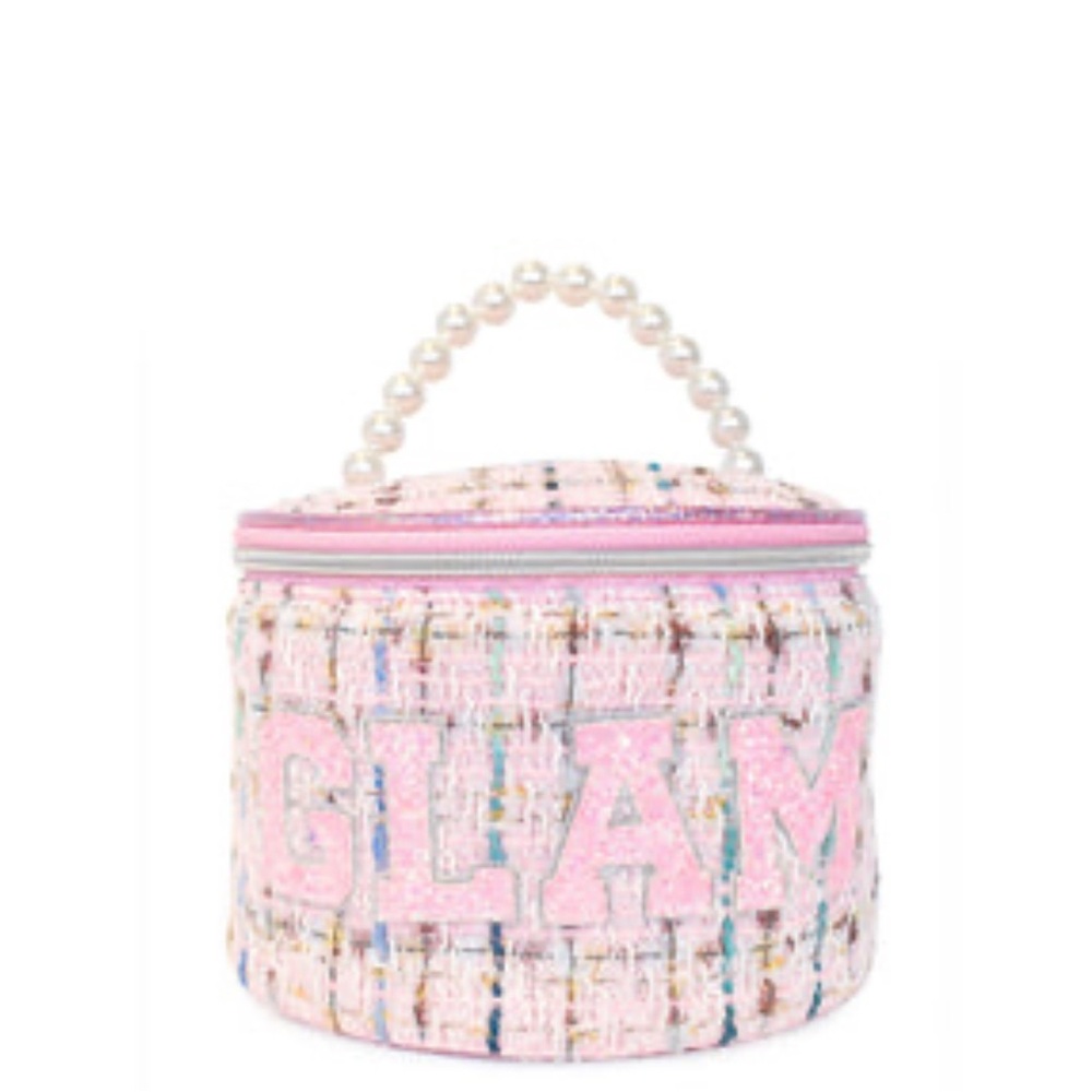 OMG Accessories "Glam" pink tweed round glam bag with a pearl handle.